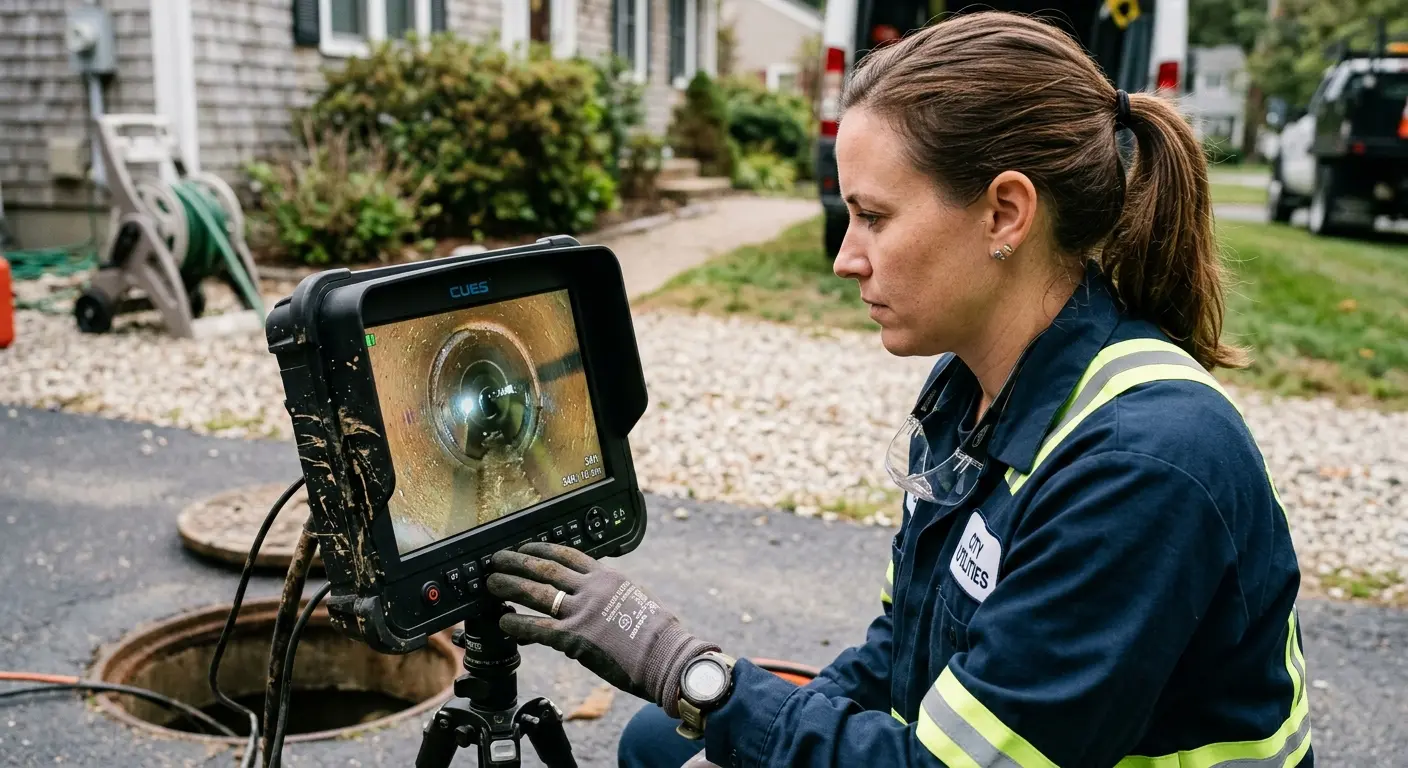 Technician reviewing sewer camera inspection footage in Sugar Grove