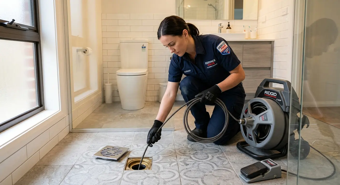 Technician clearing a bathroom floor drain for Sewer Line Replacement in Sugar Grove